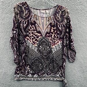Chicos Paisley Leopard Print Top Womens L Stretch Knit Boho Tunic Statement